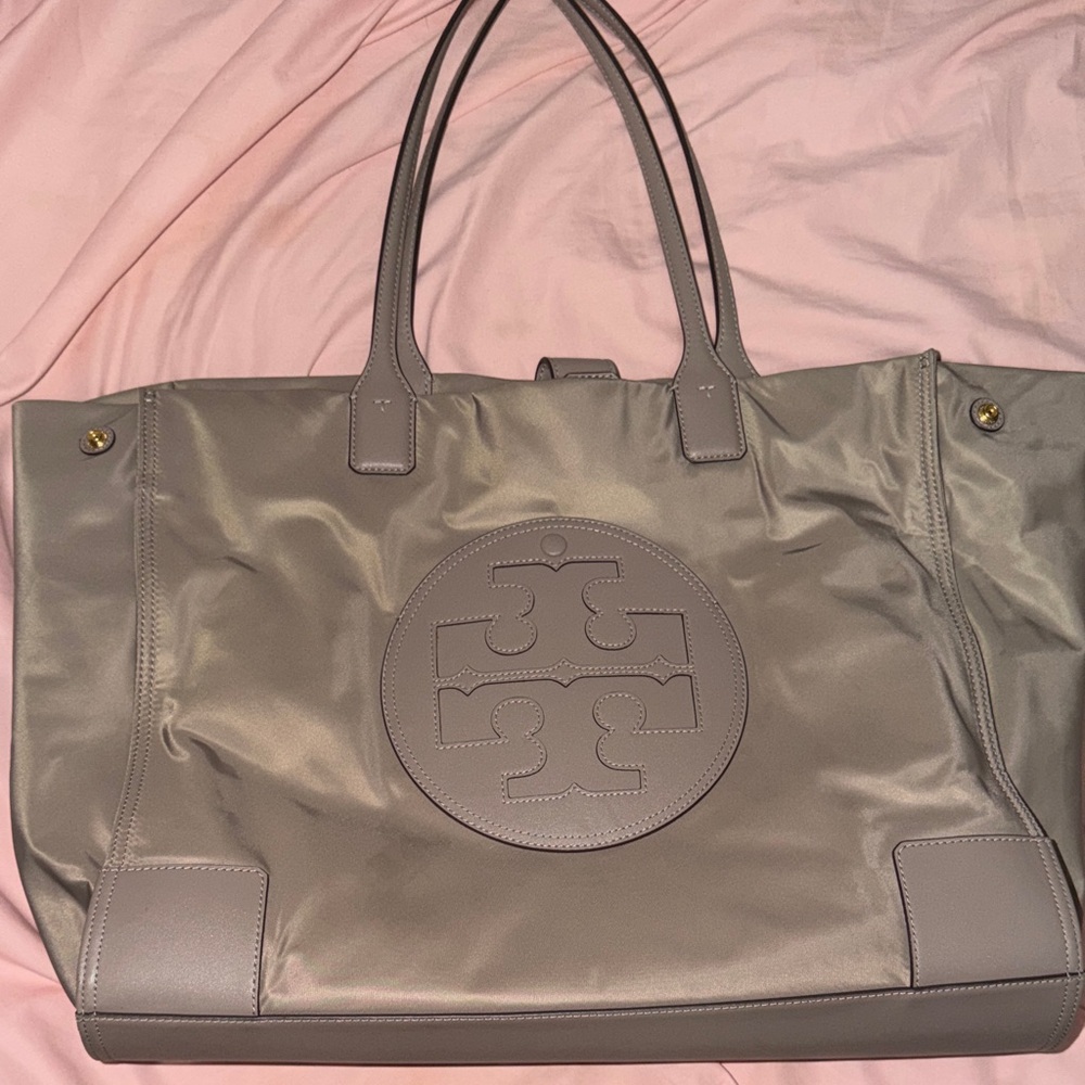 Tory Burch Gray Nylon Logo Tote with Leather Trim